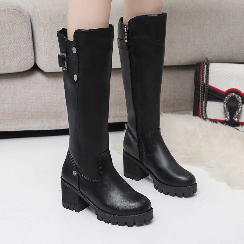 Botas AQ563 de talla grande 42 para mujer, botas de invierno para mujer, botas de invierno vintage de punta redonda, tacón medio grueso, cálidas hasta la rodilla, Bota femenina para madre: 6,5