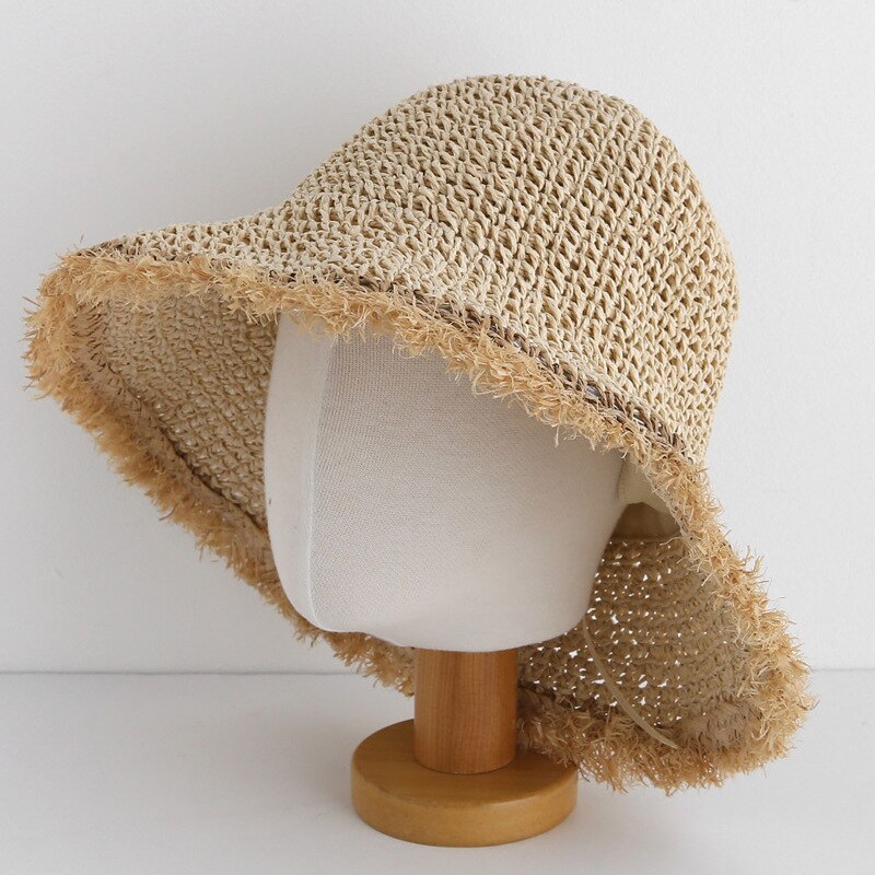 Damhatt sommar halmhattar panama bucket cap solhattar uv-skydd panama floppy beach hattar dam rosetthatt chapeau femmel: Beige