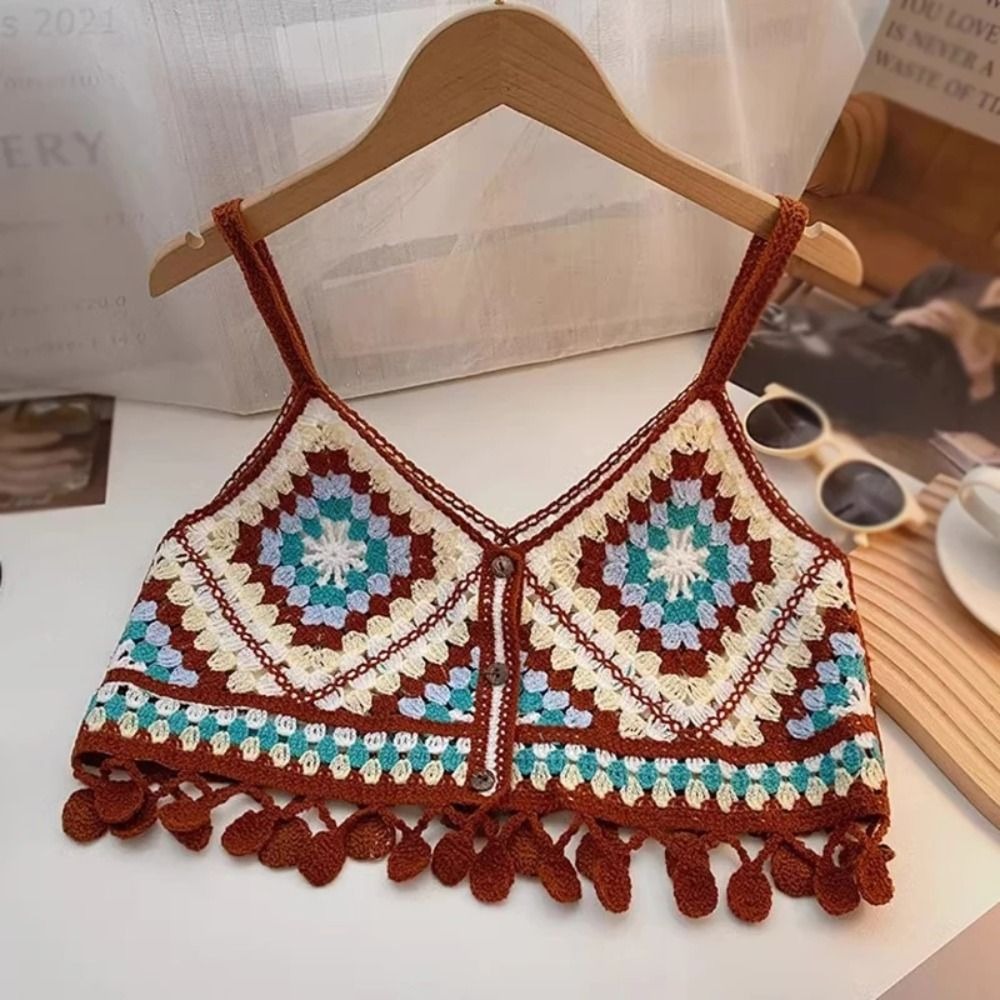 Randigt broderat blommigt linne tofs strandkläder bohemisk stil linne koreansk stil fransk stil stickat bikini linne klubb: Beige