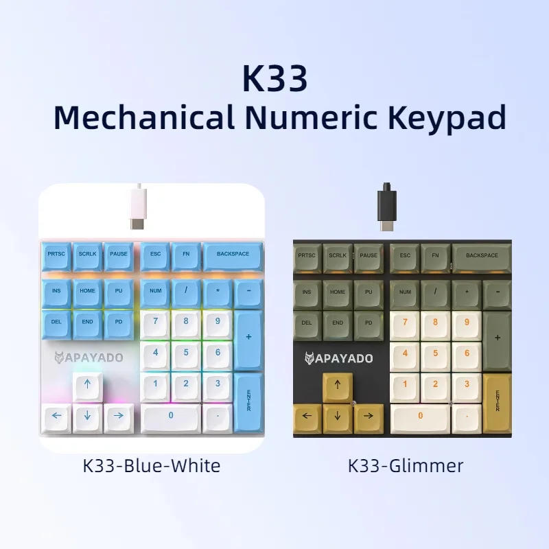 Apayado  k33 mekanisk numerisk tastatur med blå skaft, mini 33- -tasters pbt-tastehetter og livlige rgb-lys, skreddersydd for regnskap