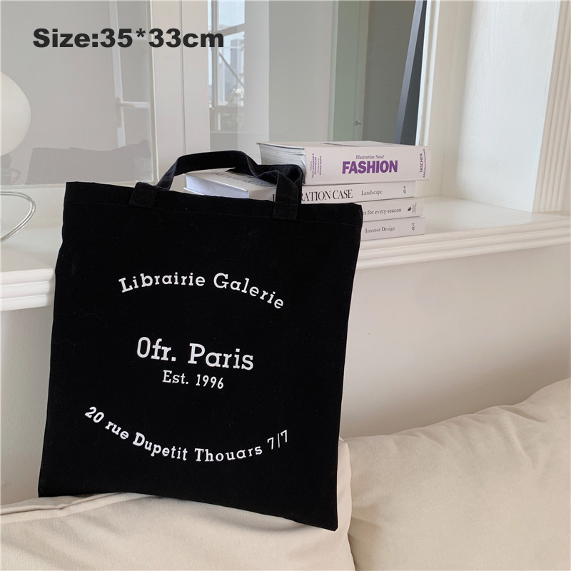 Bolsa de ombro de lona feminina paris letras impressão sacola de compras eco algodão linho shopper sacos de tecido de pano bolsa tote para meninas: Ofr Black