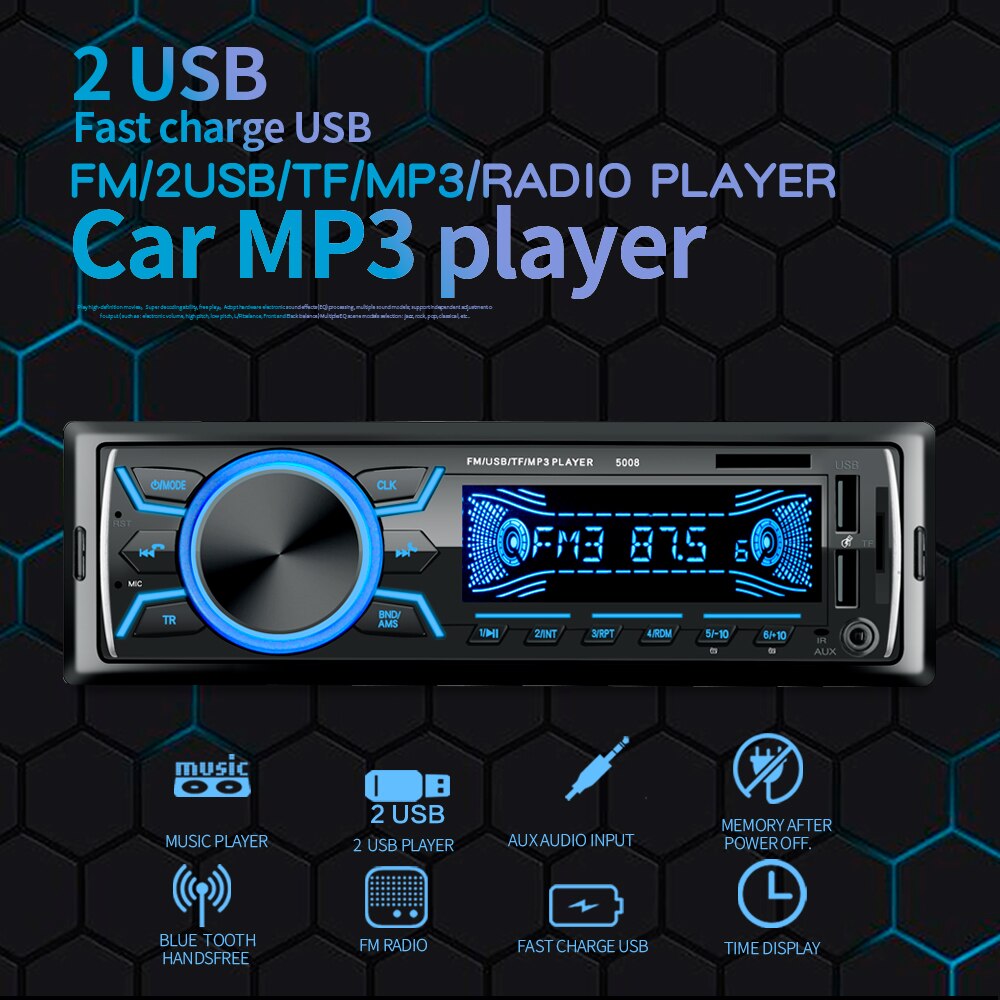 Reproductor MP3 estéreo de Radio para coche, 1 DIN, Compatible con Bluetooth, 2 USB/TF/FM, autorradio, electrónica automática en tablero, 7 colores, USB, SD, AUX