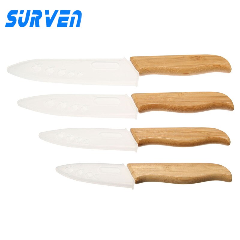 SURVEN-Juego de cuchillos de cerámica de Zirconia, 3 "4" 5 "6" pulgadas, mango de bambú con hoja blanca, frutas y verduras para pelar Kit de cocina, 4 Uds.