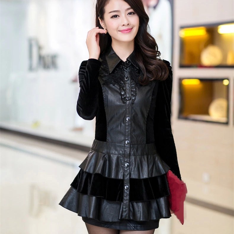 4Xl Autumn Winter Pu Leather Black Jacket Women Long-Sleeve Thin Long Outerwear Casual Turn-Down Collar Slim Coat