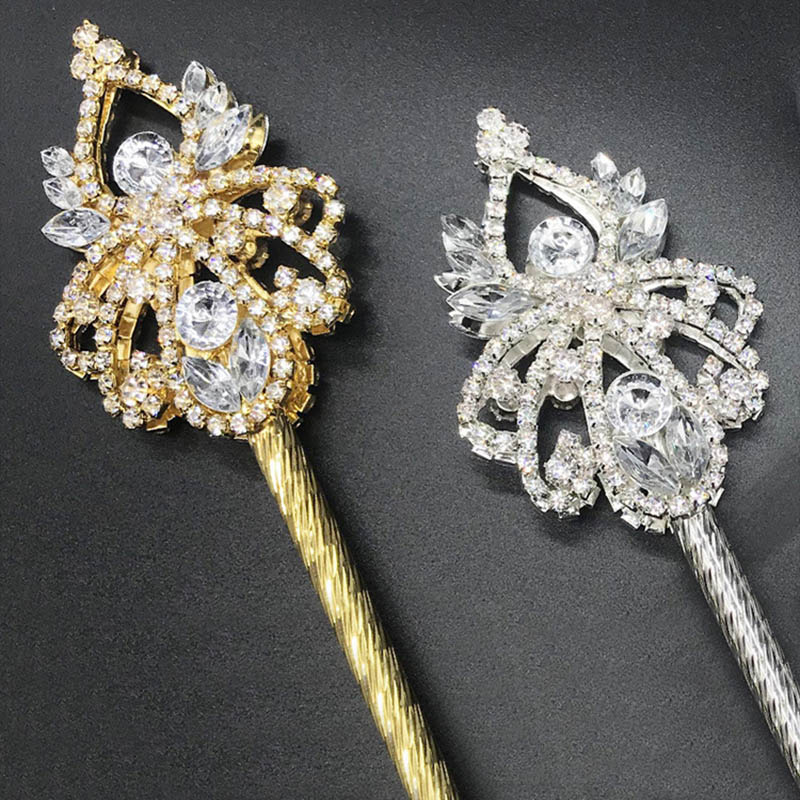 Varita de cetro de cristal ostentoso, Tiaras y coronas de Color dorado/plateado, cetro de rey, reina, boda, de desfile, disfraces, accesorios de mano