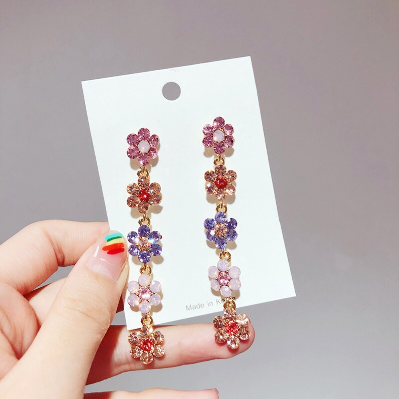 Korean Shiny Colorful Crystal Flower Earrings For Women Girl Daily Cute Accessories