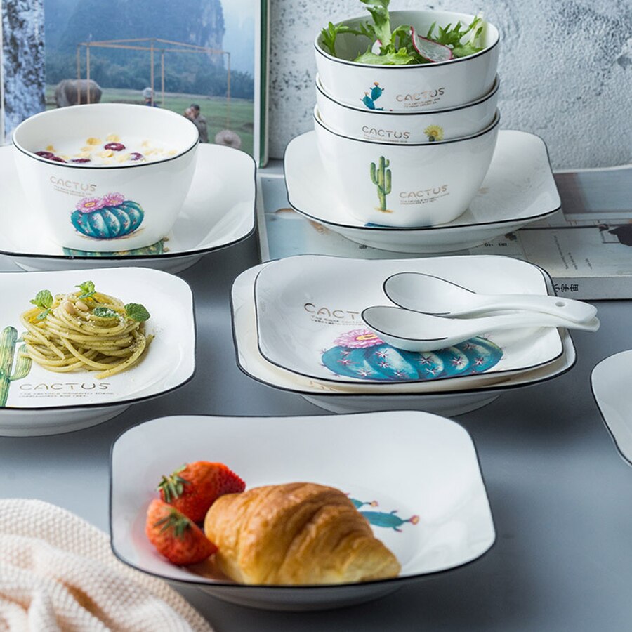 1 Pcs Square ceramic plate Ceramic Dinner Set Porcelain Dessert Plate Steak Salad Snack Cake Plates Tableware Cactus square dish