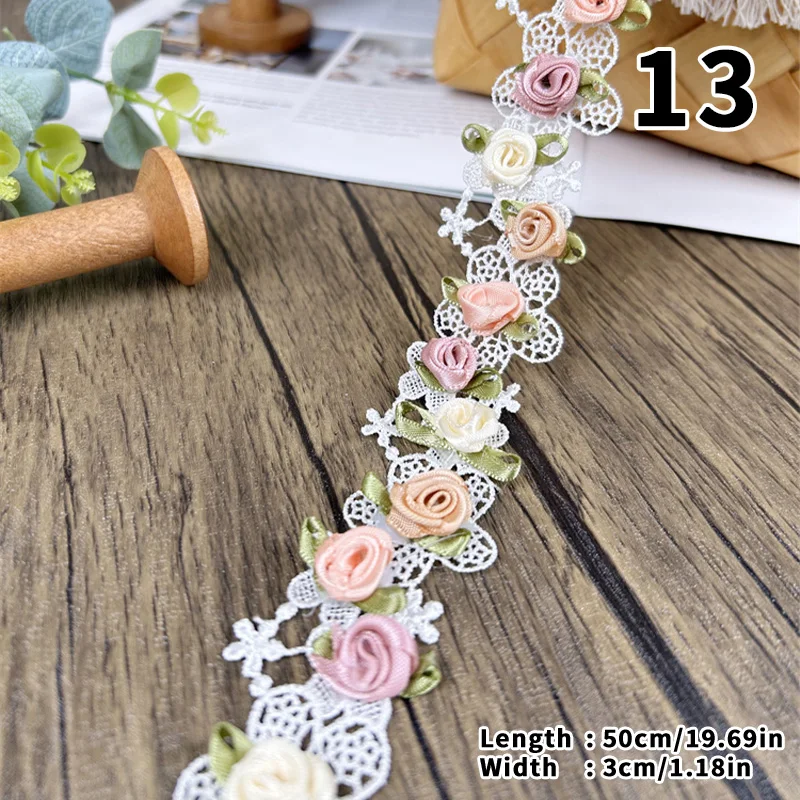 1/2/5m blondebånd med 3d blomster til bryllupsdekoration, kjole, taske, gør-det-selv-sytilbehør, perlebesat applikation, blomster, broderi, blonde: Grøn / 3 yards
