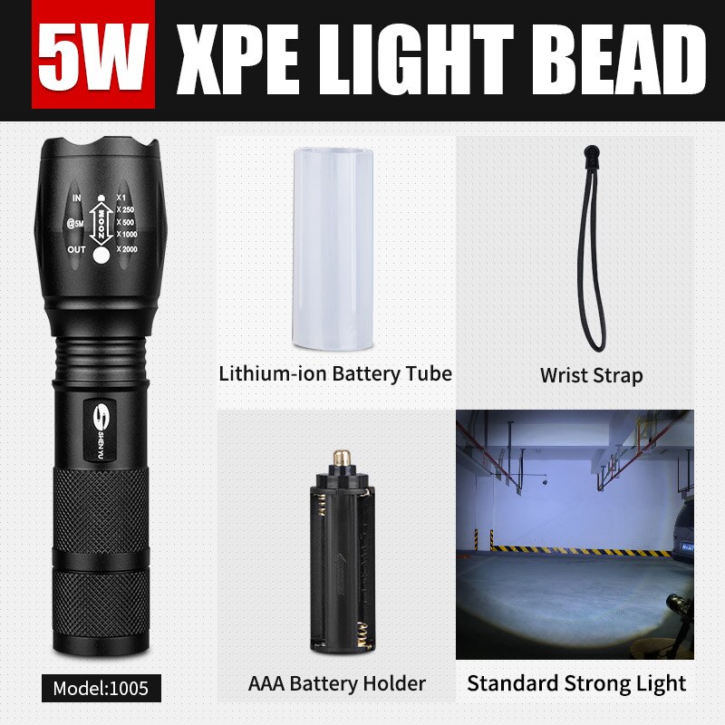 SHENYU LED Flashlight 18650 26650 Torch Waterproof Flashlight Cree XML t6 1000 lumen Zoomable Light: 1005 XPE 5w Standard