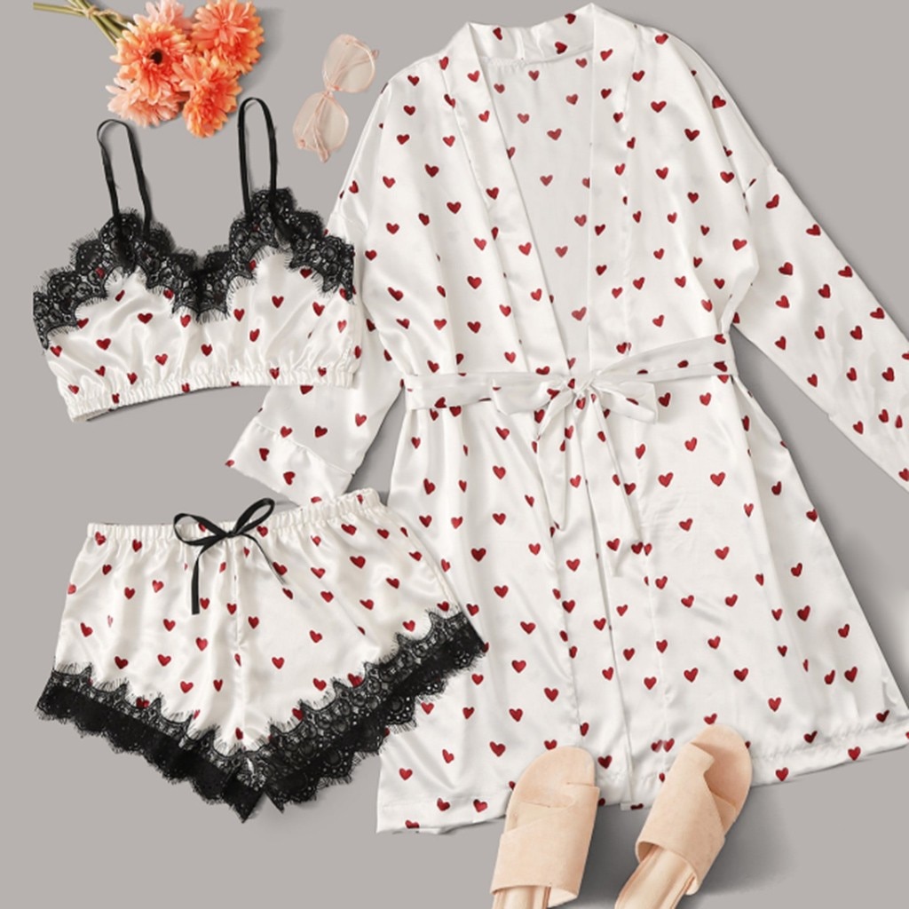 Wonen Sleep & Lounge Gewaad Sets Sexy Nachtkleding Zijde Nachtkleding Hart Print Belted Robe + Shorts Pyjama Voor wonen 20