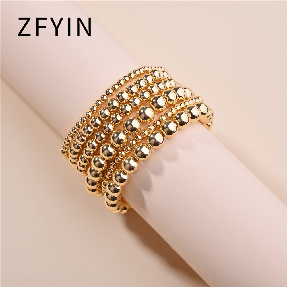 ZFYIN Multi Layering 4mm,6mm,8mm,Stacked Gold Ball Beaded Strand Bracelets Set for Women: Default Title