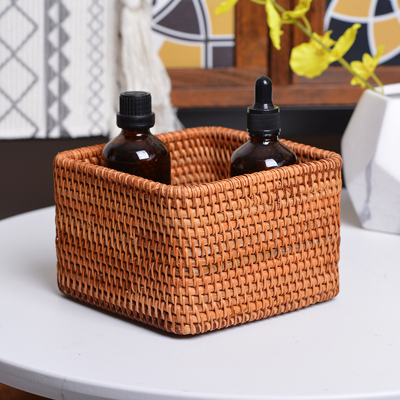 Cesta de mimbre tejida a mano, cestas cuadradas pequeñas y bonitas para almacenamiento de cosméticos, organización del hogar respetuosa con el medio ambiente, 2 piezas
