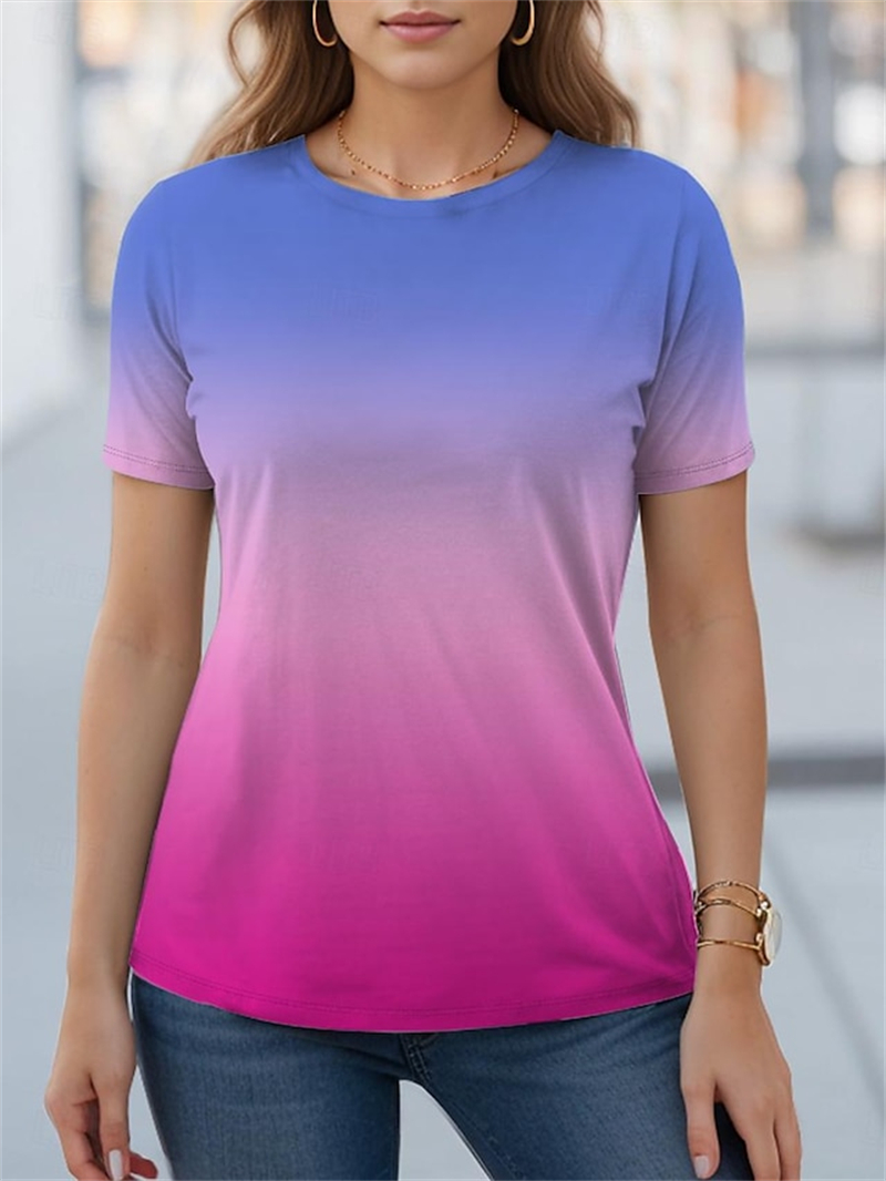 Damefarvegradient gul blå orange print t-shirt klassisk kortærmet t-shirt damer o-hals toppe t-shirts: M / Beige