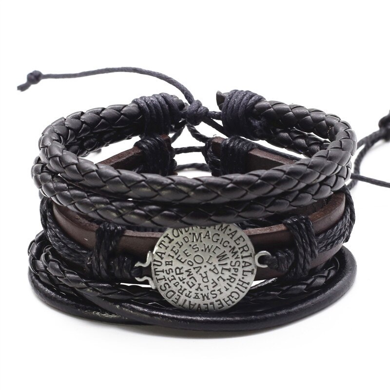 Zwarte Retro Vintage Etnische Casual Handgemaakte Geweven Lederen Armbanden Mannen Vrouwen Sieraden Accessoires 3 st 1 set