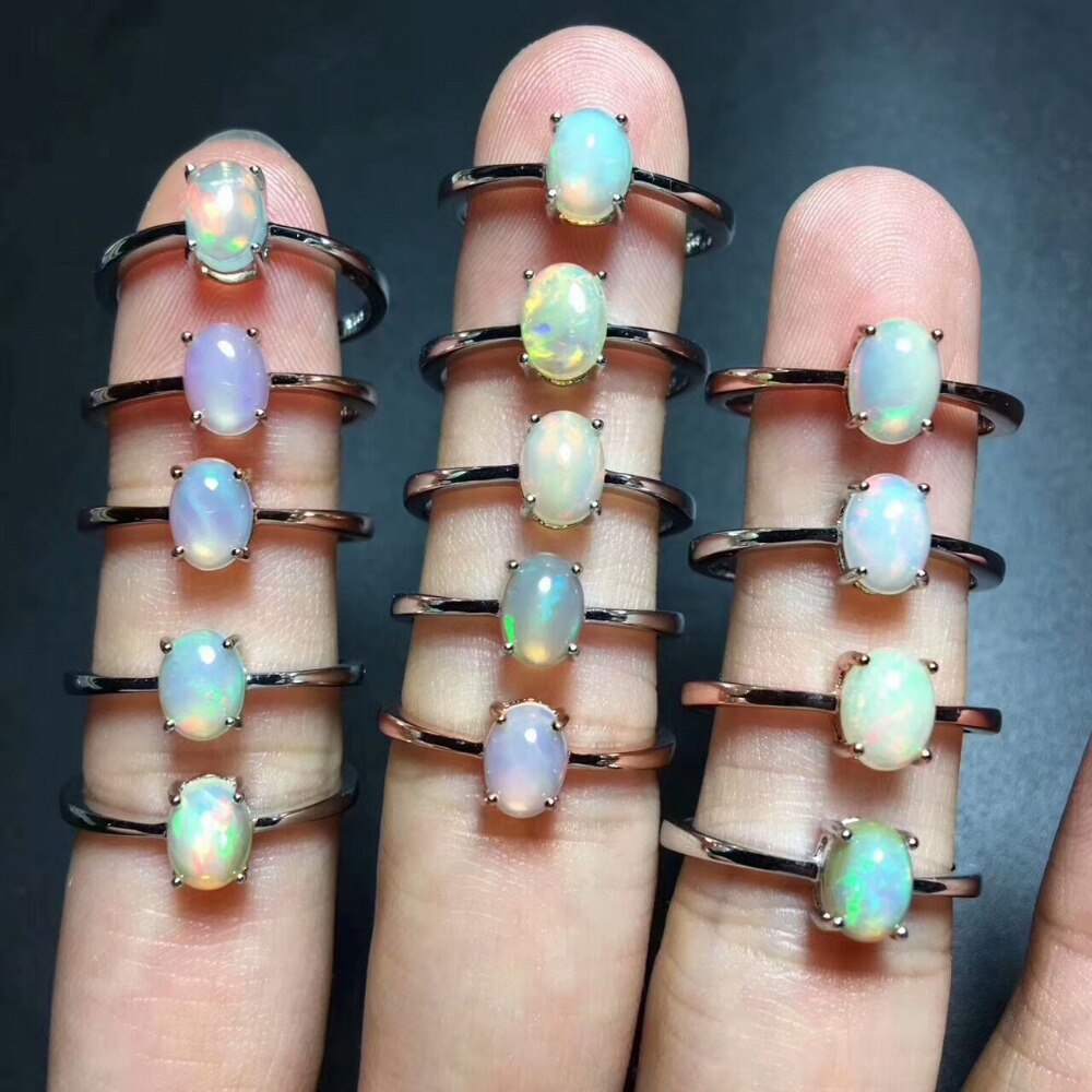Free Box White Fire Opal 5*7mm Purple stones Jewelry Women Opal Ring Size