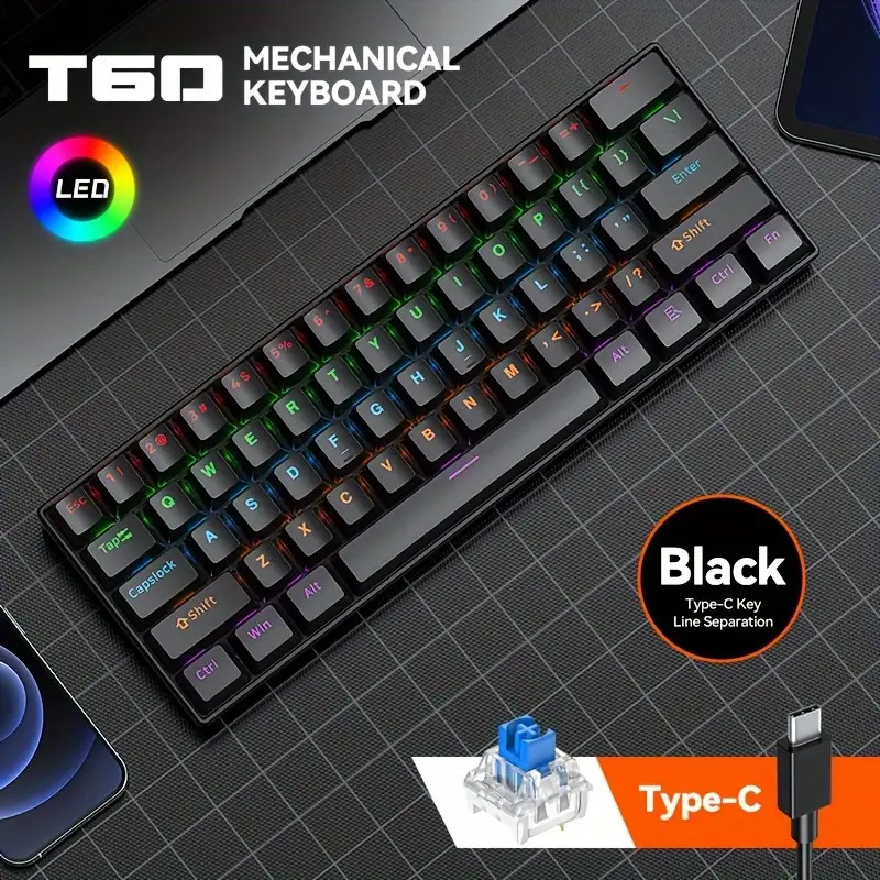 [USB-C Wired Mechanical Keyboard] 61-Key Mechanical Keyboard, Dual-Tone Injection Keycaps, -Swappable, USB-C Wired