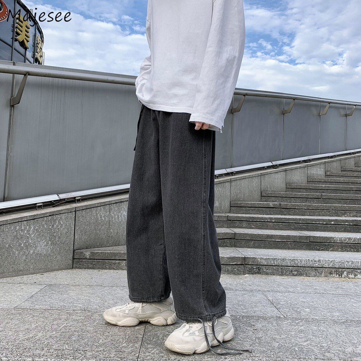 Men Jeans Ankle-length Bandage Fashionable Loose Leisure Korean Style Solid Wide Leg Ins Plus Size S-3XL Students Chic