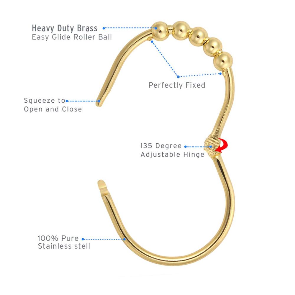 Shower curtain hook tote bag hook sliding roller rust stainless steel oval with clip bathroom pull rod curtain (gold)