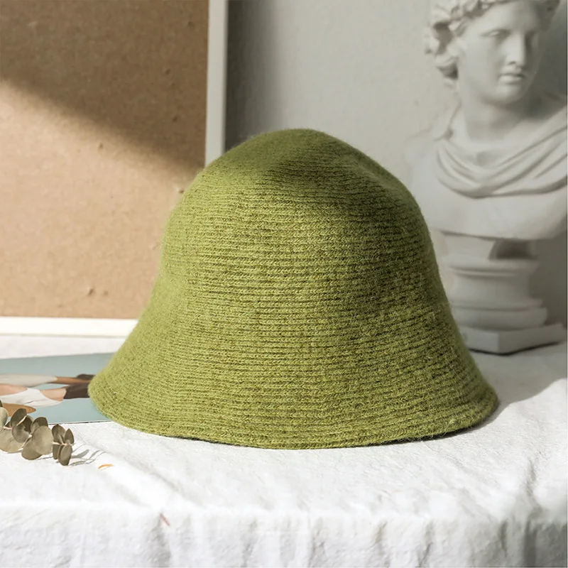 Solid Wool Bucket Hat Women Autumn Winter Fisherman Hat Vintage Knitting Wool Basin Cap: WHITE