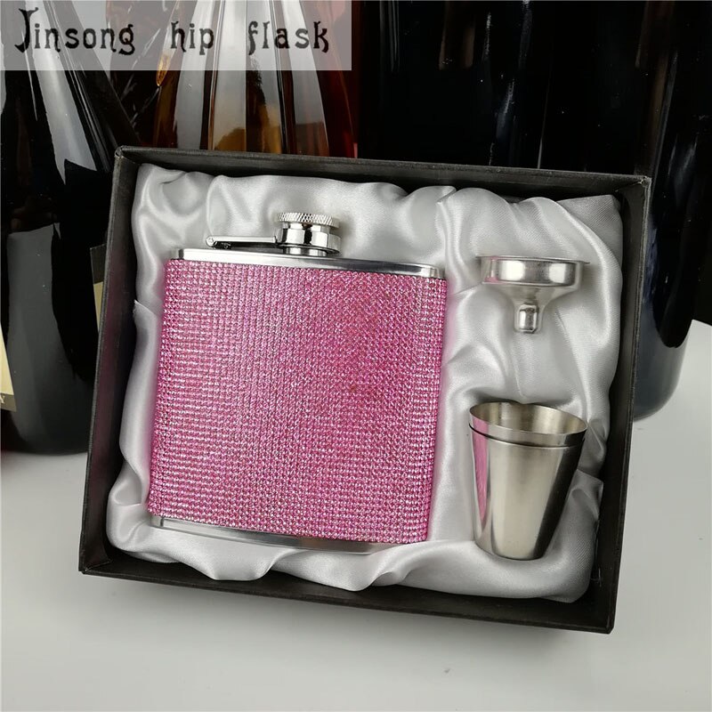 Roestvrij staal met diamant heupfles, Speciale heupfles voor Dames: pink gift set