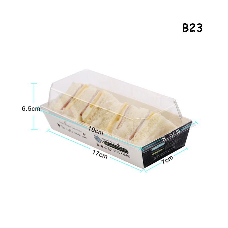 Engångsmacka kartong brödlåda puffar genomskinligt lock förpackningslåda bageri snacks förpackningslåda snabbmatslåda take away: B23