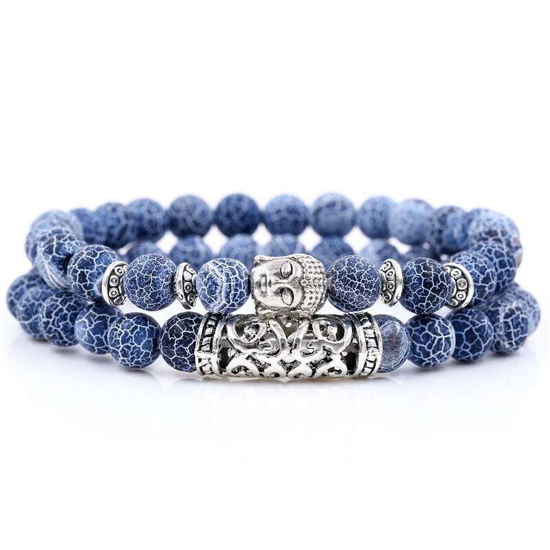 2PCS/Set Buddha Head Charm Natural 8mm Stone Beads Bracelet Sets For Women Men Braiding Macrame Bracelet Set Charm Bangle: BA-053(18)