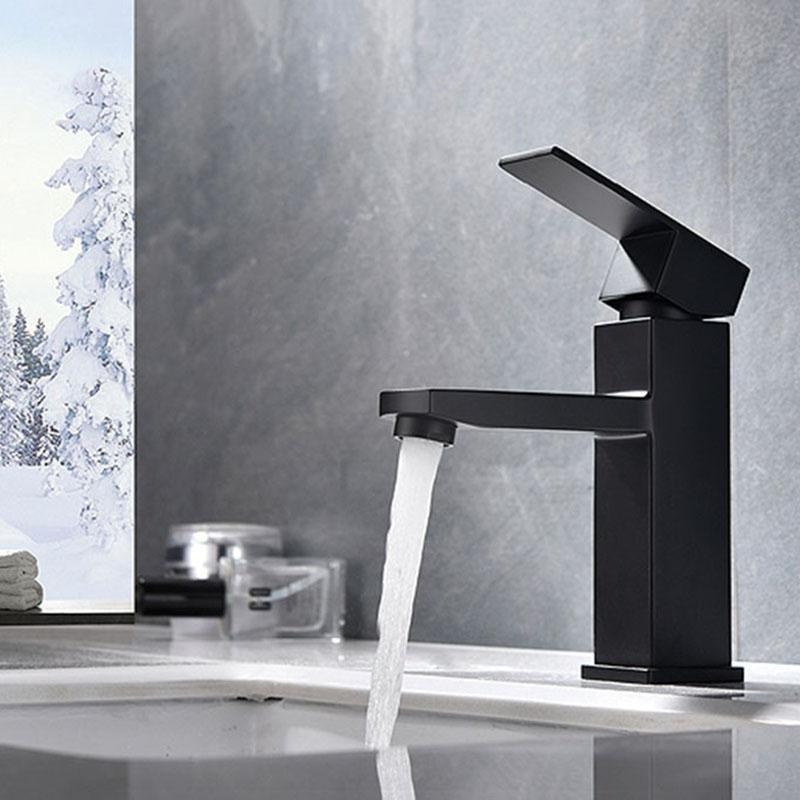 Grifo cuadrado negro para lavabo de baño, grifería de un solo mando para lavabo, montado en cubierta