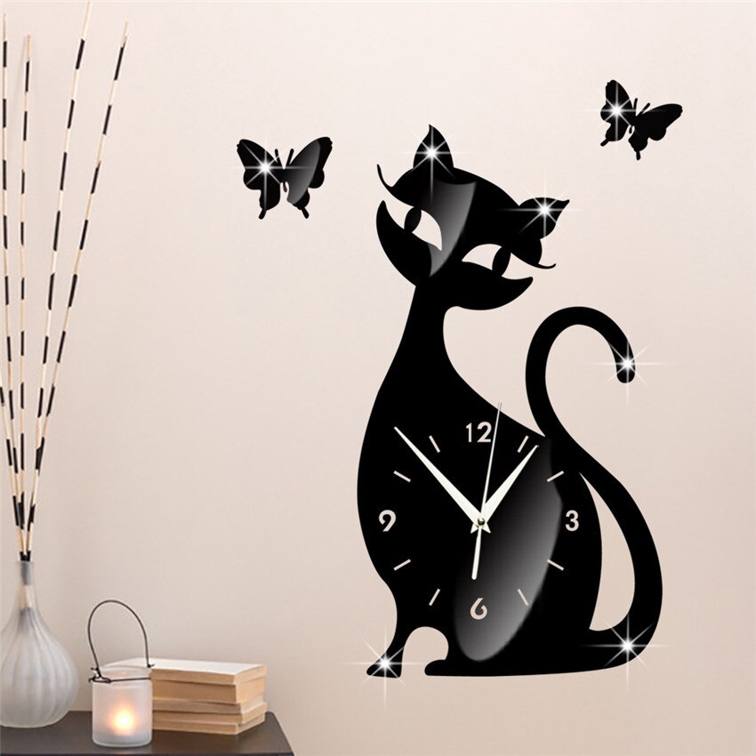 Acrylic Mirror Wall Clock Cartoon Cat Pointer Clock Watch Office Living Room Wall Mounted Clocks Decoration часы настенные: mirror - black