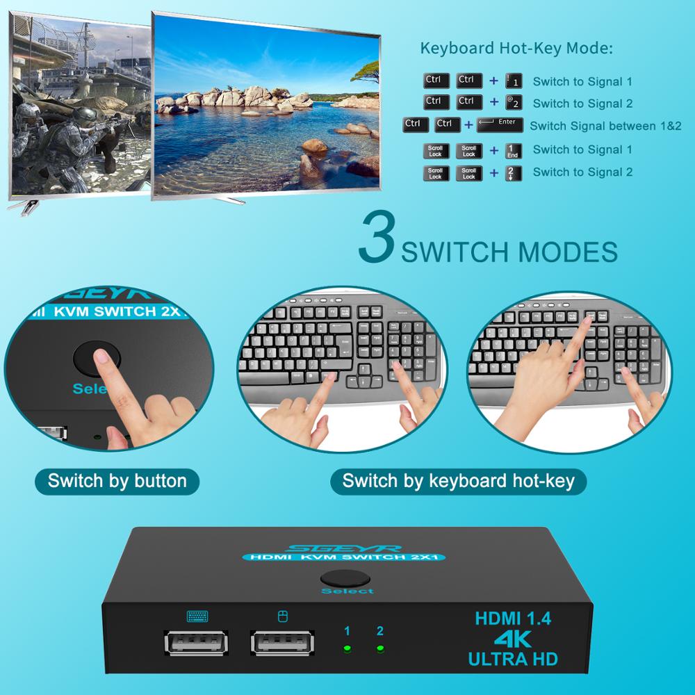 Sgeyr hdmi kvm switch 2 port dele 2 computere med en skærm 2 x 1 usb kvm hotkey metal switch med hdmi kabel og usb kabel