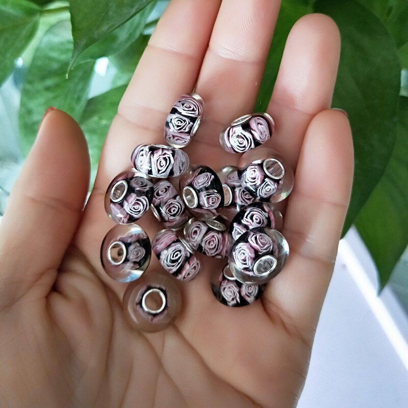 925 Sterling Zilver Groot Gat Kleurrijke 3D Handgemaakte Rose Glas Charm Kralen Fit Europese Armband Sieraden