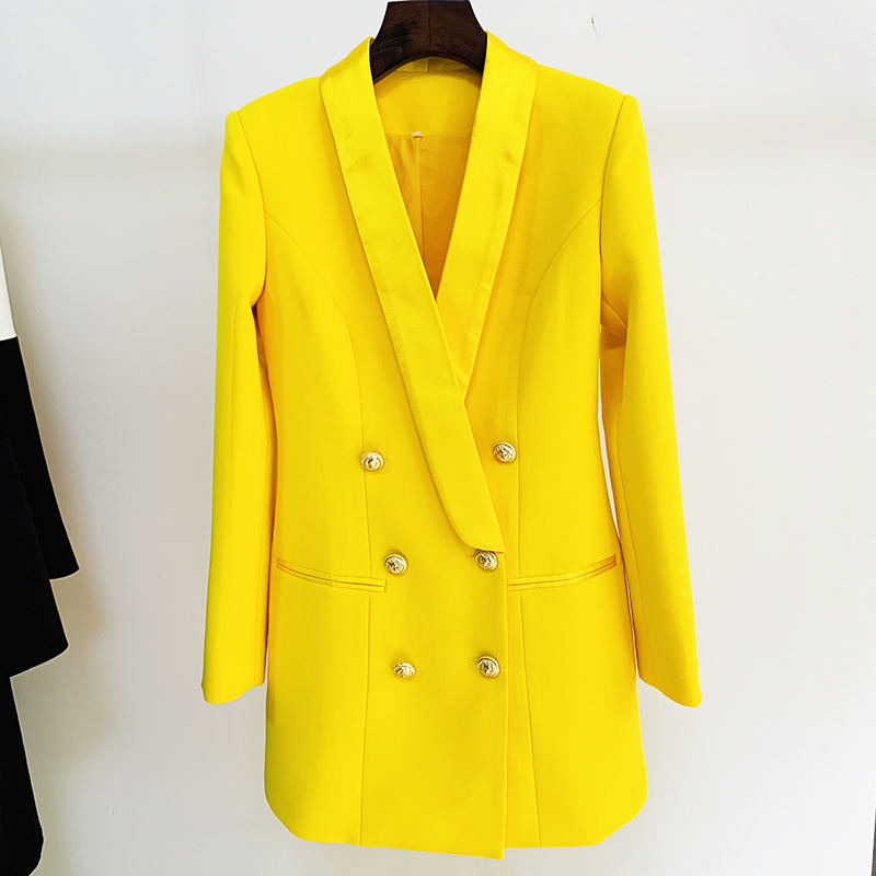 Blazer Long en Satin jaune Fluorescent, de , col châle, boutons lions, Double boutonnage, 2022