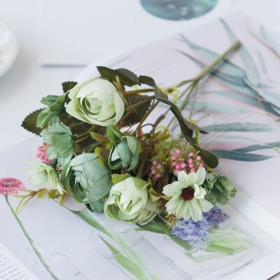 Sztuczne kwiaty róże herbaciane bukiet ślubny wazony robić dekoracji wnętrz akcesoria garnki ślubne dekoracje kwiatowe sztuczne rośliny: zielony