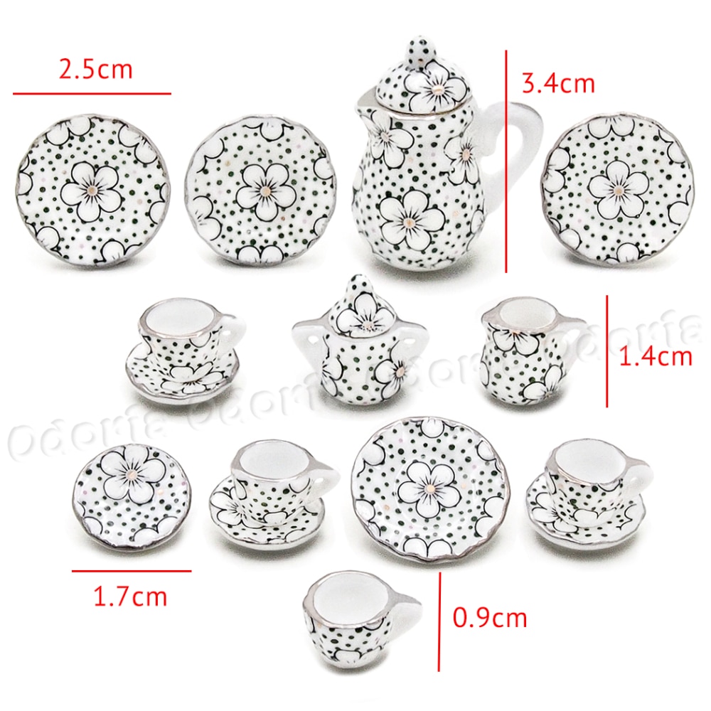 Odoria 1:12 Miniature 15pcs Porcelain Tea Cup Set Chintz Flower Tableware Kitchen Dollhouse Accessories Decor ( 14 Patterns )