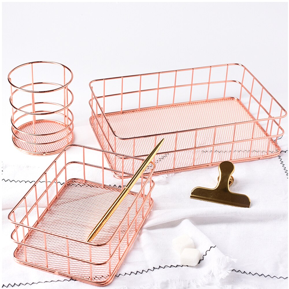 Office Desk Table Mesh Square Pencil Pot Cup Case Container Organizer Rose Gold Metal Pen Holder Home School Storage Basket