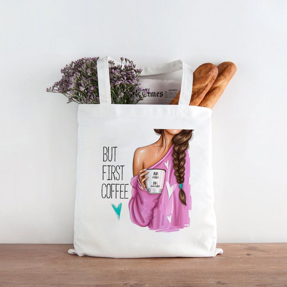 Canvas Shopping Bag Reusable Eco FriendlyTote Bag Coffee First Mom Life Shopper Book Bags Teacher Student Shoulder Bag Compra: B1644-TBWH-M