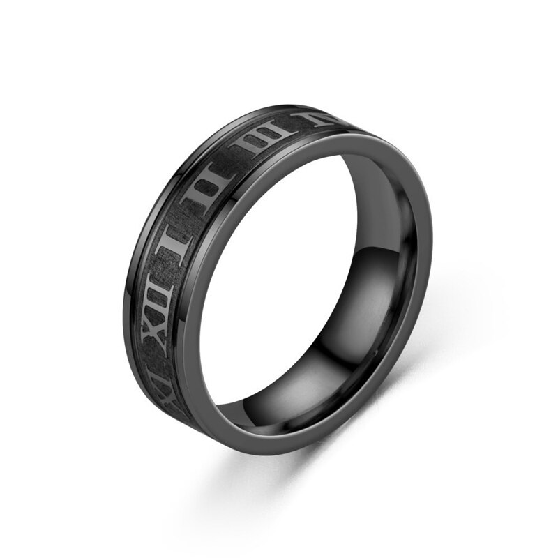 Classic Roman Numeral Men Rings Temperament Width 6MM Stainless Steel Finger Rings For Men Jewelry: size 10 / black