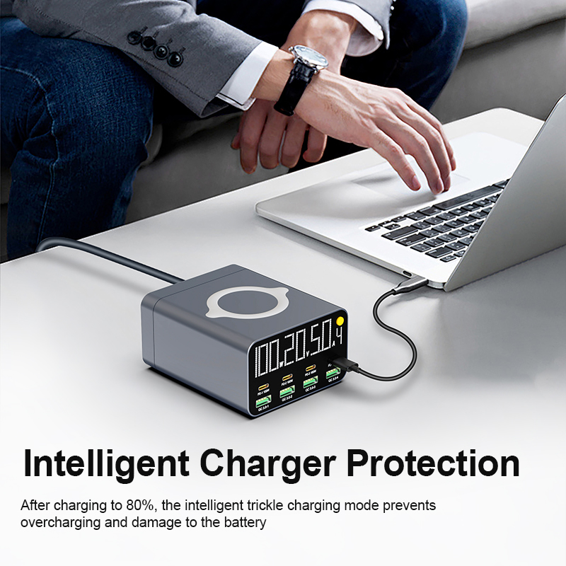 80w/120w 8 port-ladestation mit digitalanzeige, usb typ c und kabellosem ladegerät (pd  qc3.0 schnellladegerät) für laptop, tablet und smartphone