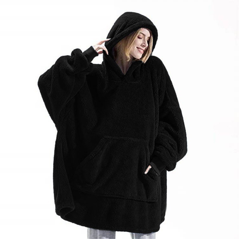 Gruesa Bata Manta Polar Unisex con Capucha para Adultos y Niños, Cálida Sudadera Albornoz con Bolsillo Gigante, Mantas Compensadas para Viajar, el Hogar y Camas: NEW black