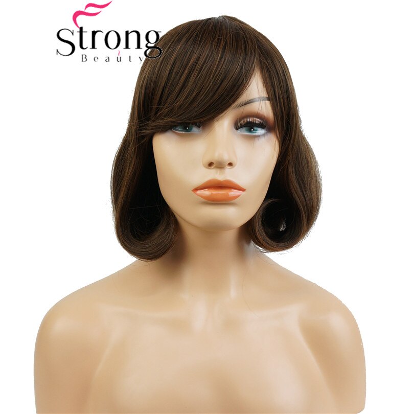 StrongBeauty Kurze Gerade Braun Hervorgehoben Bob Seite Gefegt Pony Synthetische Perücke FARBE ENTSCHEIDUNGEN: H5020 2T30