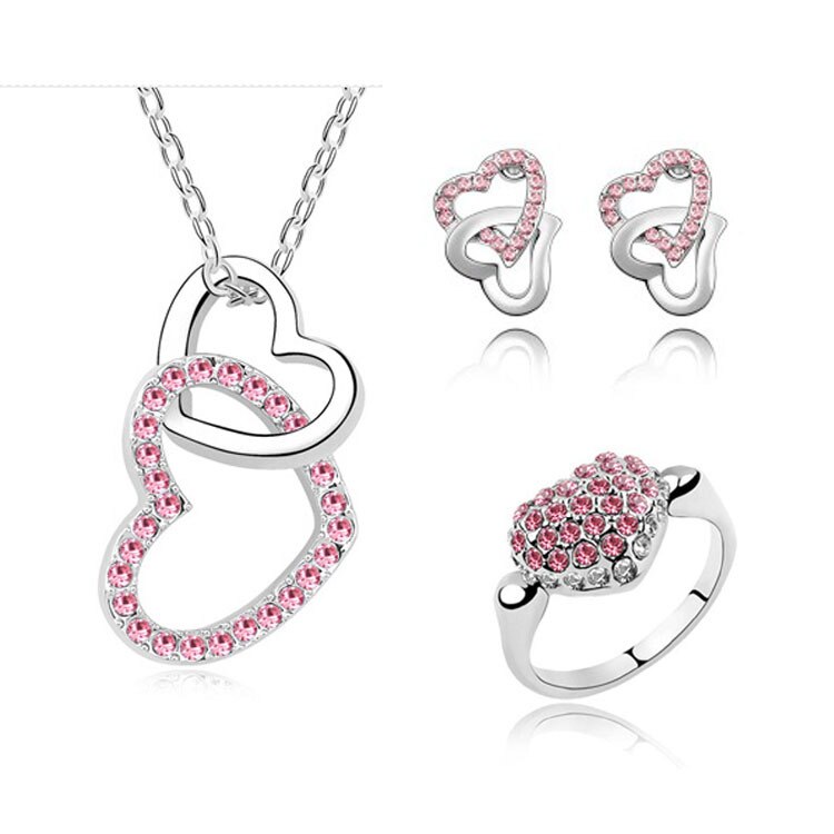 Jewelry Sets Accessories Heart Necklaces Earrings Ring with FULL Austrian Crystal Rhinestone For Woman Jewelry: rose red