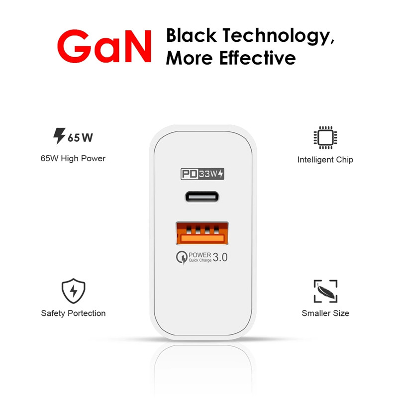 2 in 1 65W GaN Charger Quick Charge 4.0 3.0 Type C PD USB Charger with QC 4.0 3.0 Portable Fast Charger For iPhone 12 13 Samsung