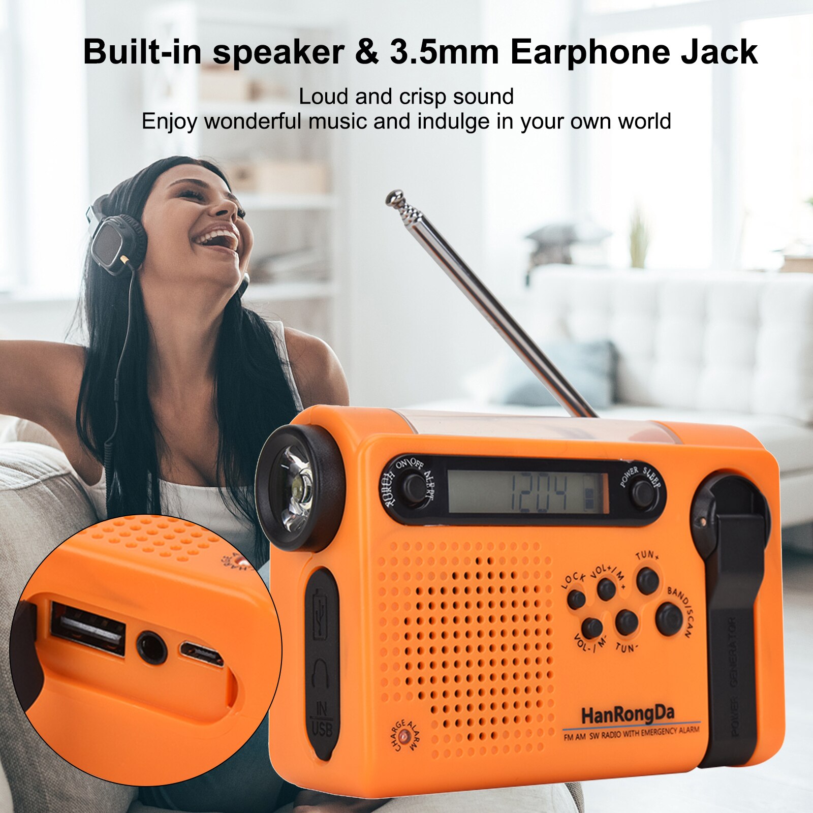 HRD-900 Emergency Solar Hand Crank Radio Portable Home Outdoor Emergency Radio w/ AM/FM/SW Flashlight SOS Alarm 2000mAh Battery