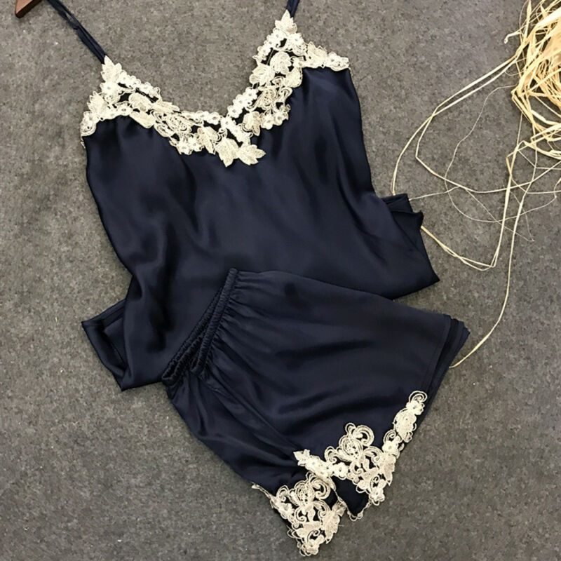 2 Stks/set Vrouwen Zijde Satijn Kant Gewaad Shorts Nachtkleding Babydoll Nachthemd Pyjama: Blauw / XL