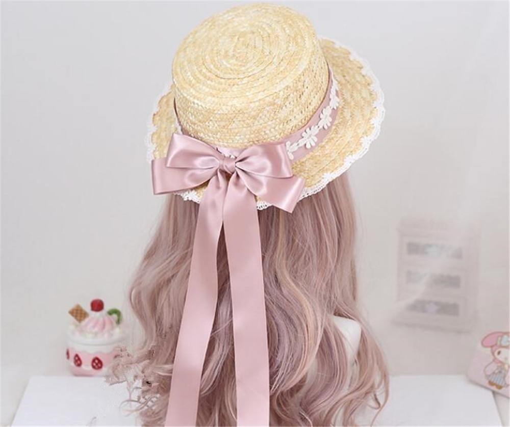 Mori Girl Cute Big Bow Lace Ribbon Lolita Straw Hat Sweet Princess Lolita Flat Cap Beach Cap B1527