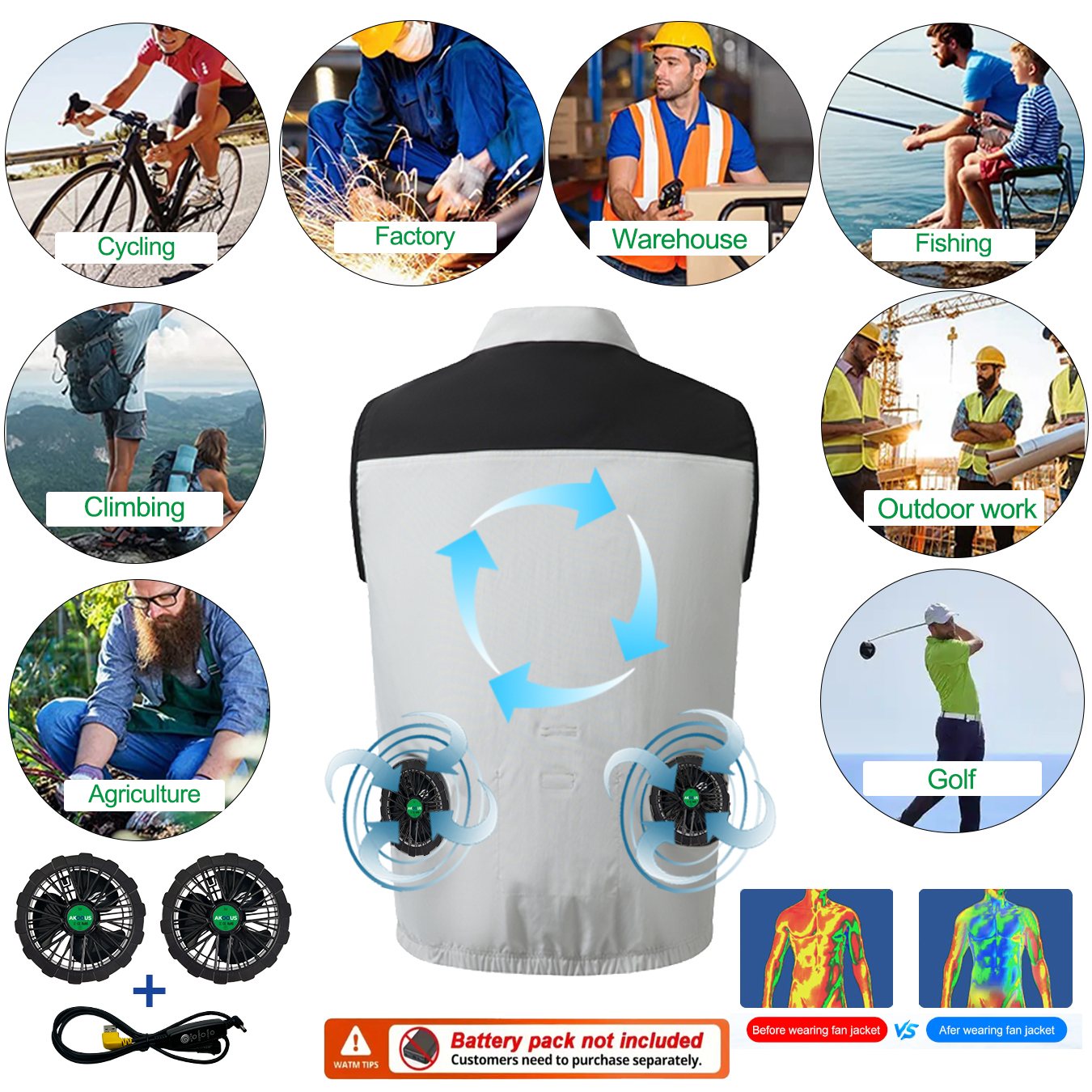 6500 RPM 12 V/5 V USB-koelventilator Vest Unisex Airconditioning Kleding Zomerkoelingsjack voor werk Outdoor Camping Wandelen Vissen