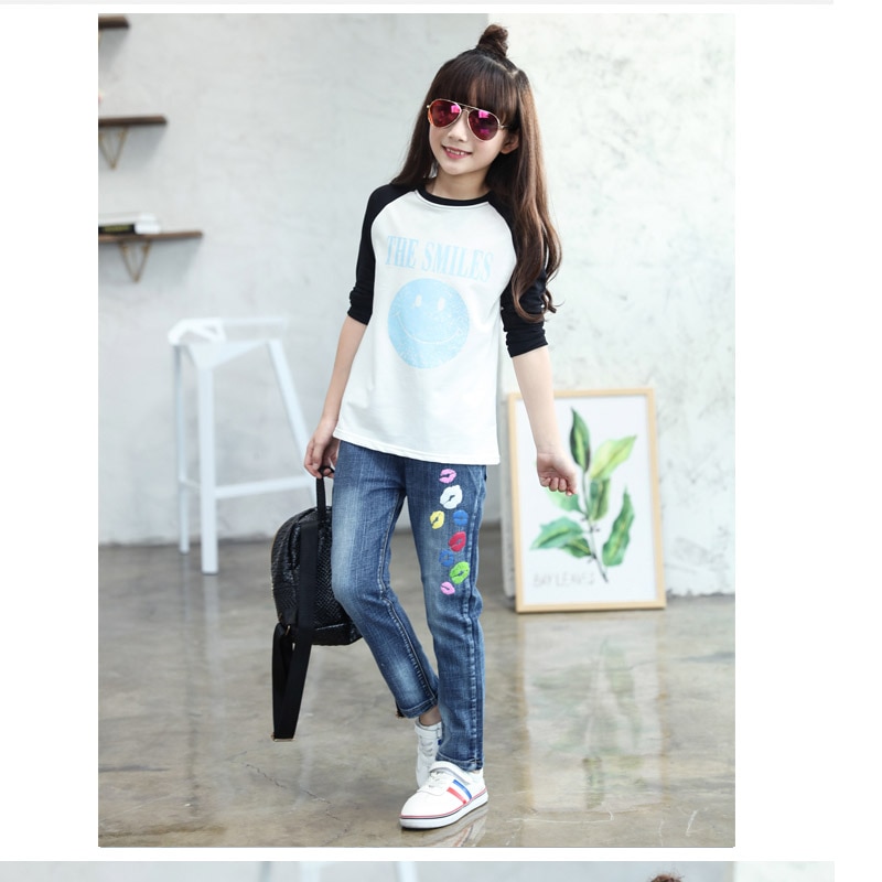 children clothes spring autumn stretch cotton jeans girls color lip print leisure long denim trousers