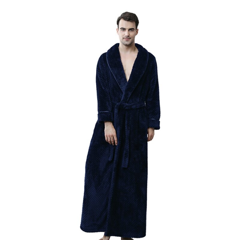 Tykk varm vinterbadekåpe herre myk som silke ekstra lang kimono badekåpe herre morgenkåpe til herre korallfløyelskåper: Marinen / Xl