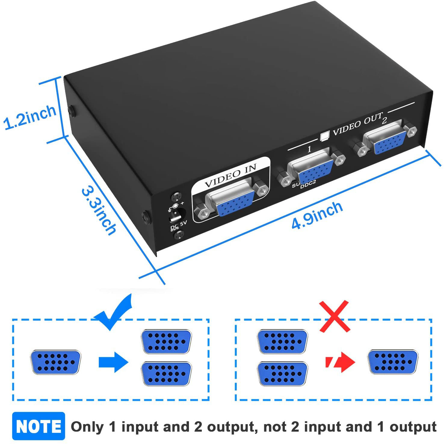 VGA Splitter 1 in 4 out VGA Video Splitter 1x2 1x4 with AC Adaptor 1 to 4 VGA Duplicator 220MHz Bandwidth for Screen Duplication
