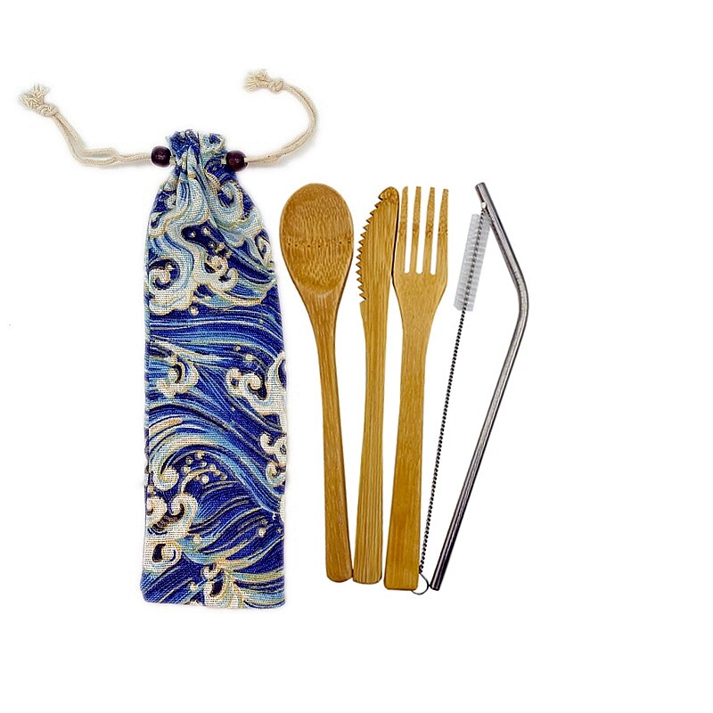 Vaisselle Portable biologique, vaisselle réutilisable, ensemble de vaisselle biodégradable, ustensiles de cuisine en bois de Camping, couverts de voyage en bambou: Bleu ciel