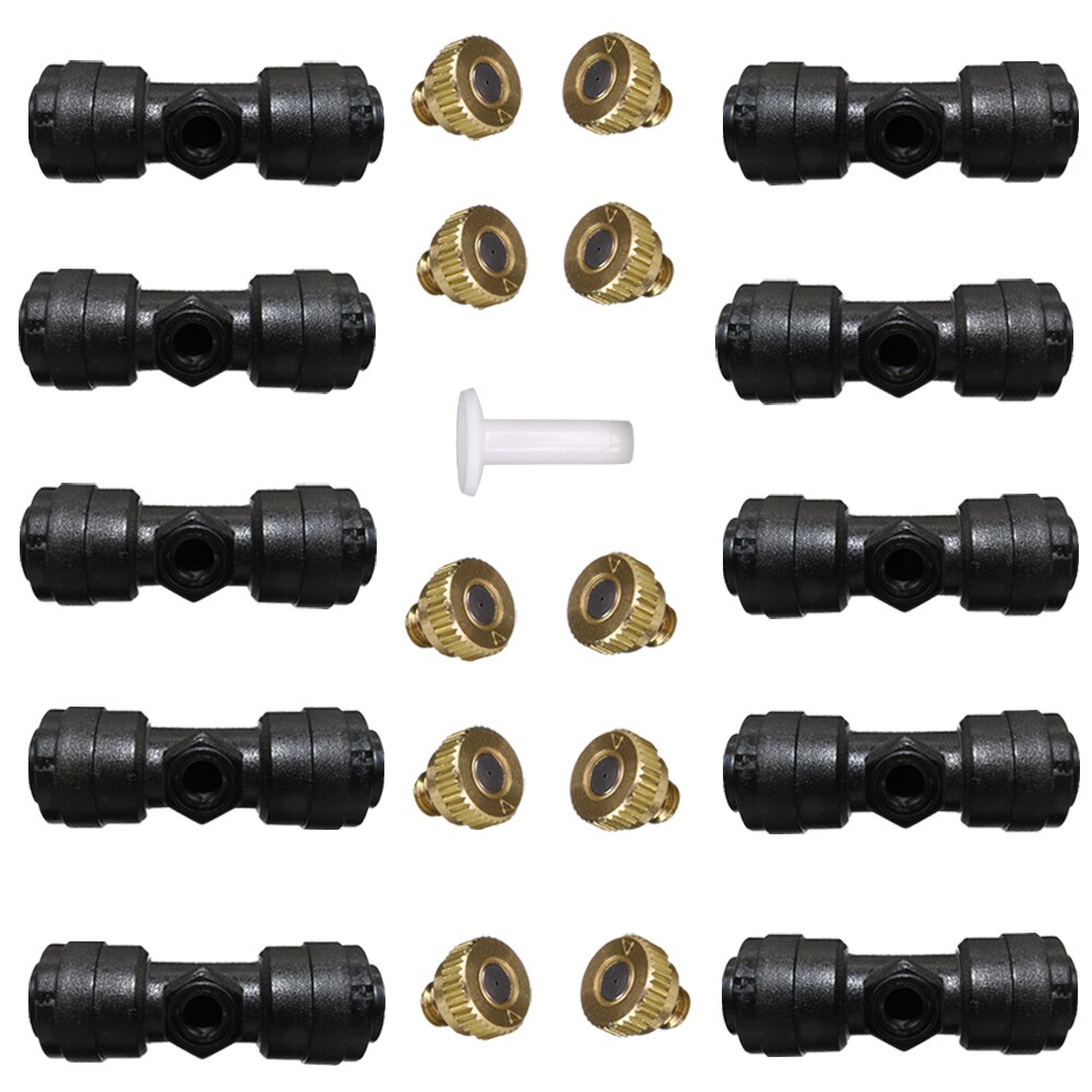 Brass Atomizing Nozzles 1/4 Inch Sliding Lock Tee Connector Garden Spray Nozzle Kit For Outdoor Patio Atomization Cooling System